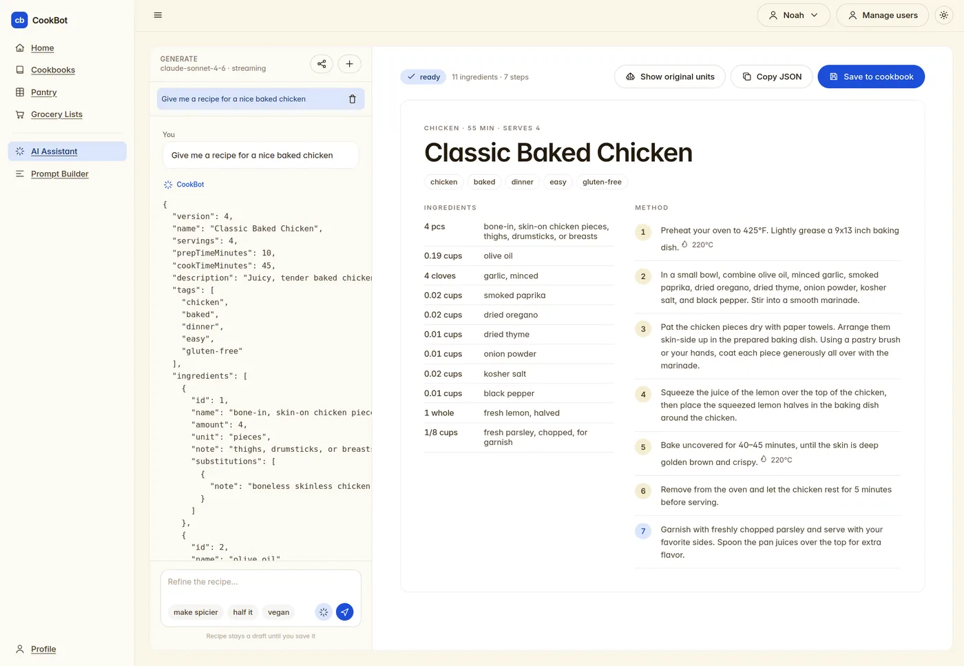 AI assistant generating a full recipe from a one-line prompt, shown beside the raw JSON.