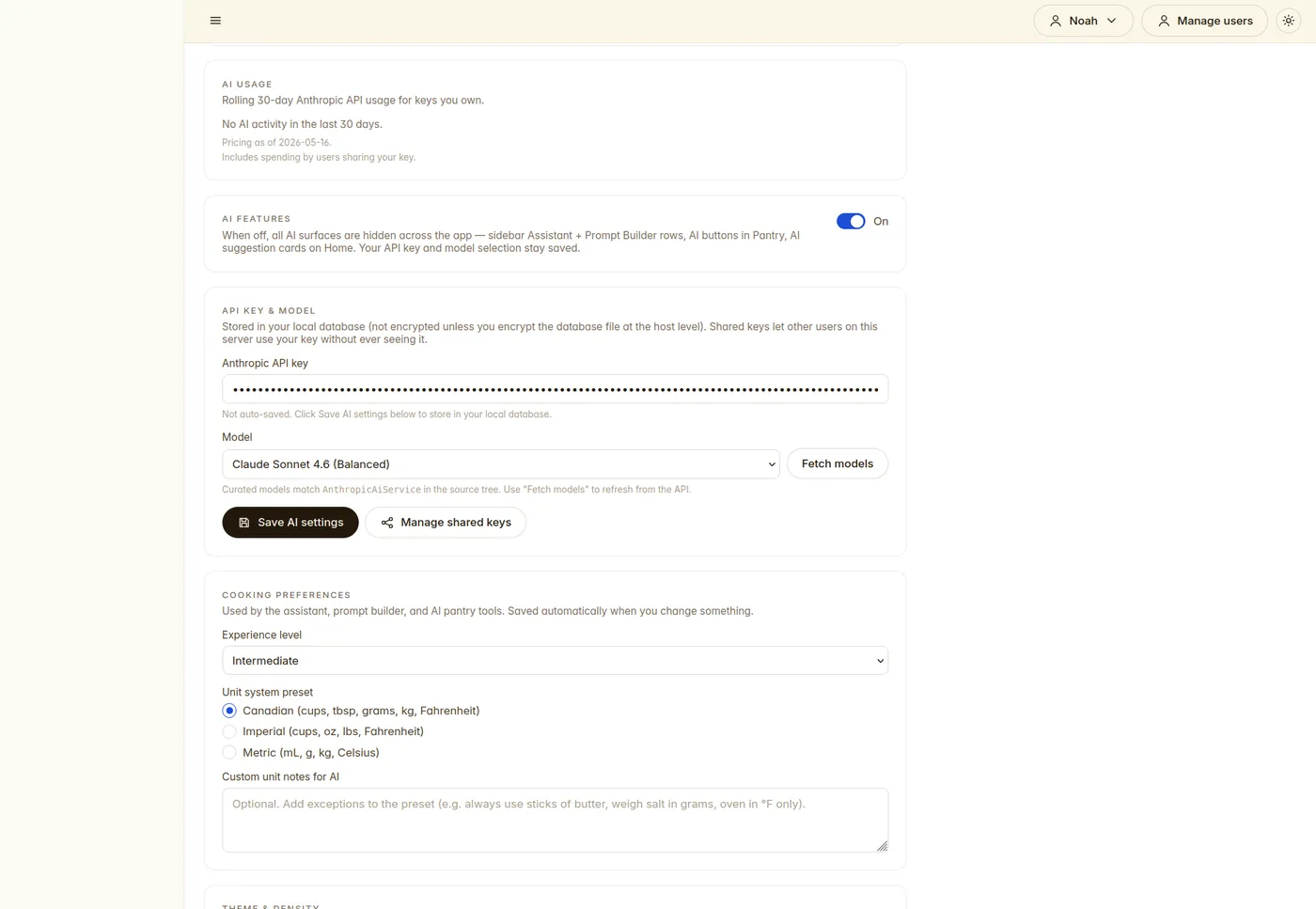 Profile AI settings: bring-your-own Anthropic key, model picker, and a master AI on/off toggle.