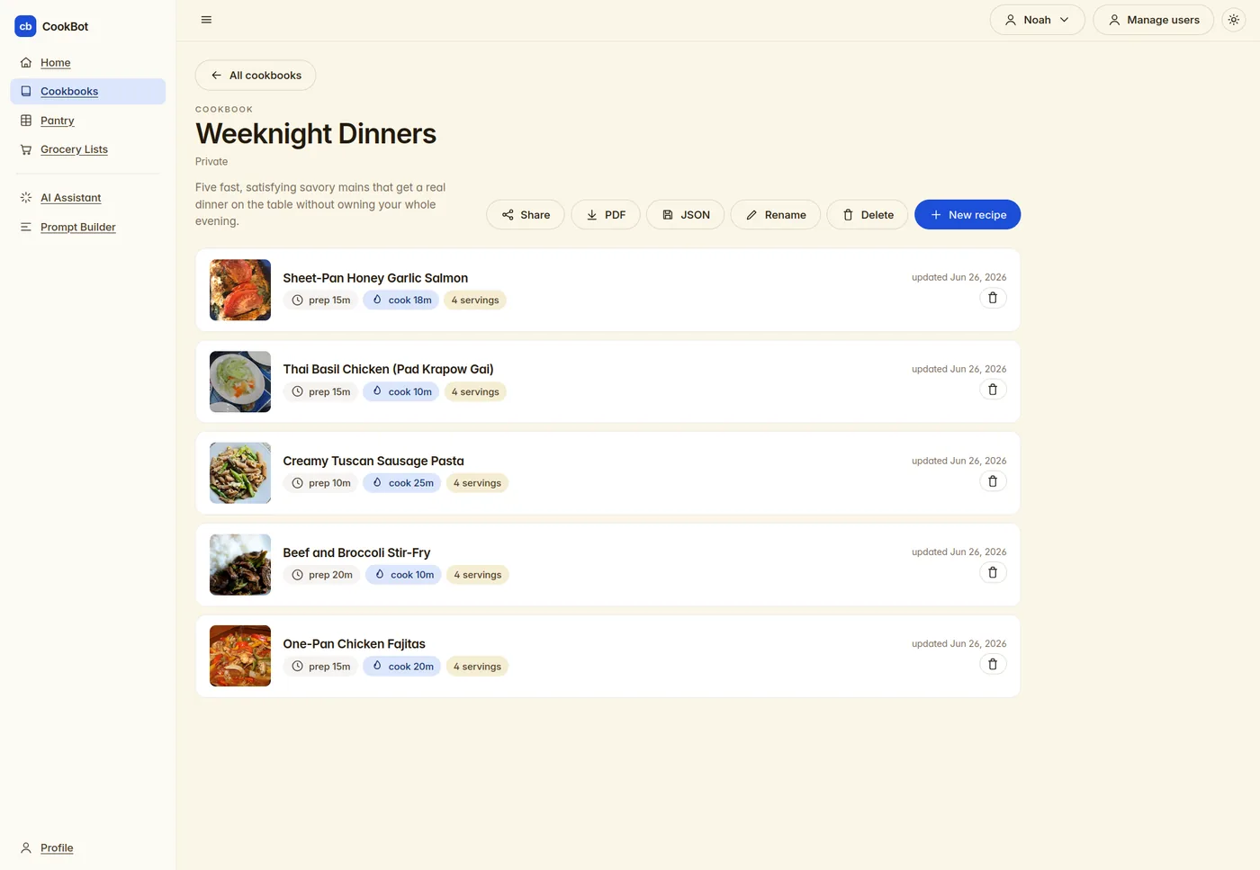 Inside a cookbook listing recipes with prep time, cook time, and servings.