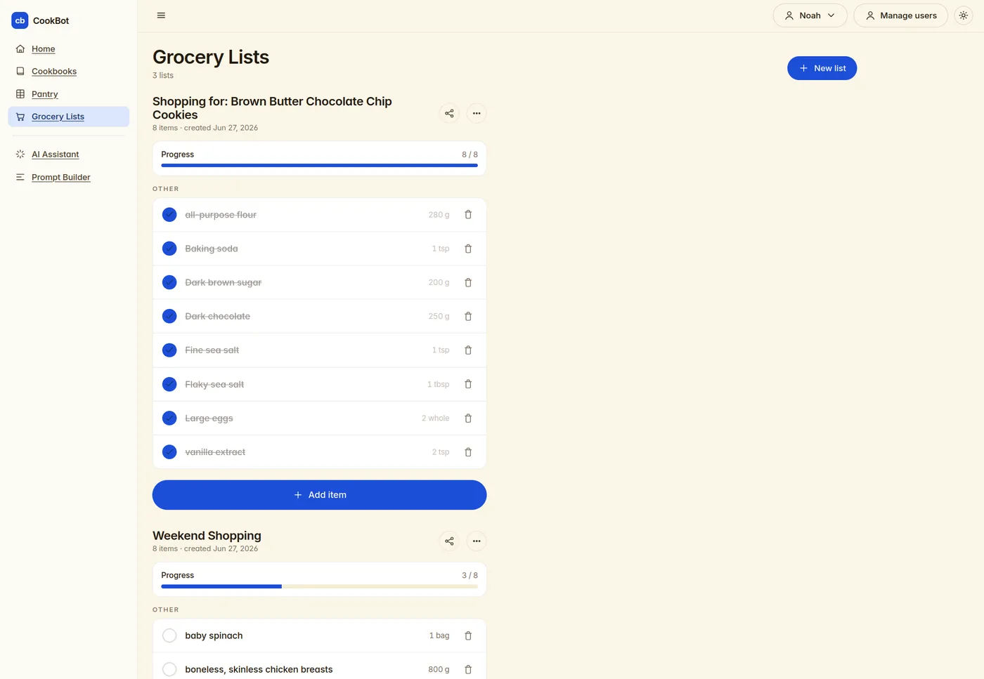 Grocery lists with progress bars; checking an item adds it straight to the pantry.