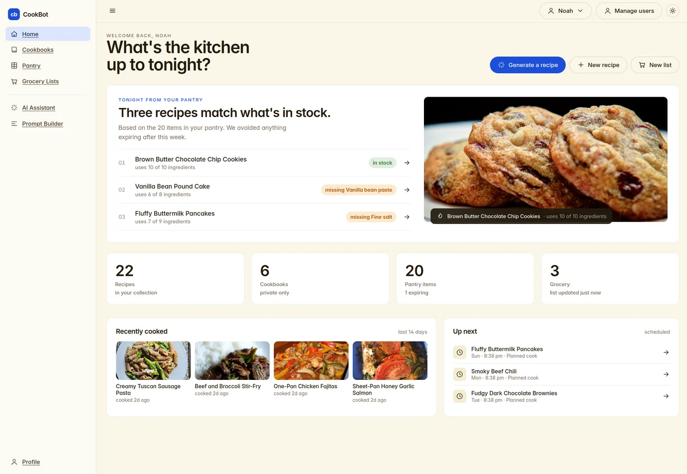 Home dashboard showing recipes that match the pantry, recently cooked meals, and upcoming planned cooks.