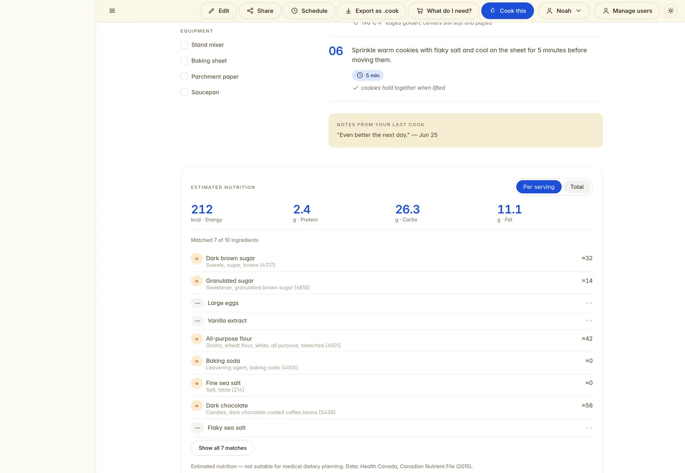 Estimated nutrition panel showing calories and macros per serving from offline data.