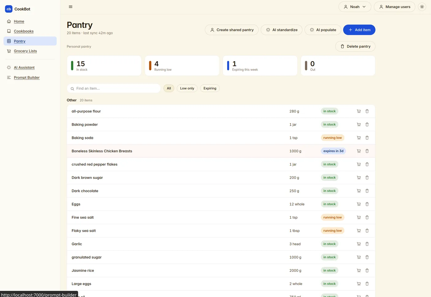 Pantry view tracking items in stock, running low, and expiring this week.