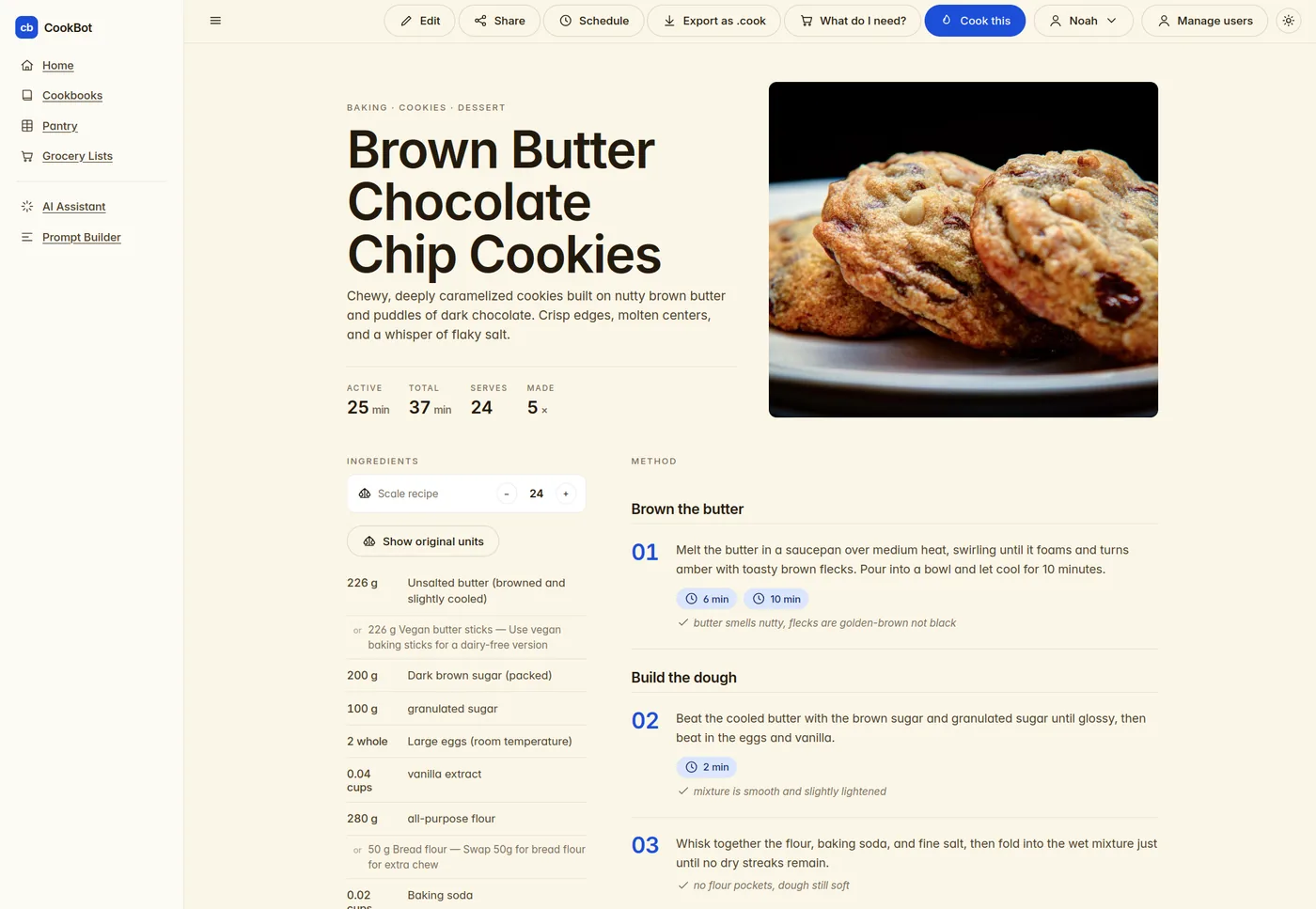 A recipe page with scalable ingredients, substitutions, step timers, and doneness cues.